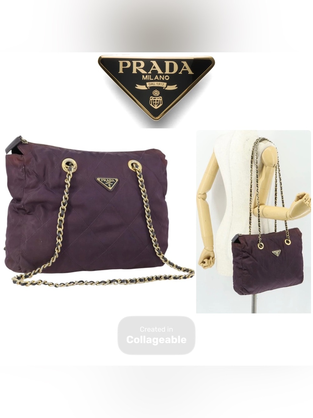 👜 PRADA Quilted Nylon Golden Chain Shoulder Bag in Plum Zip Top